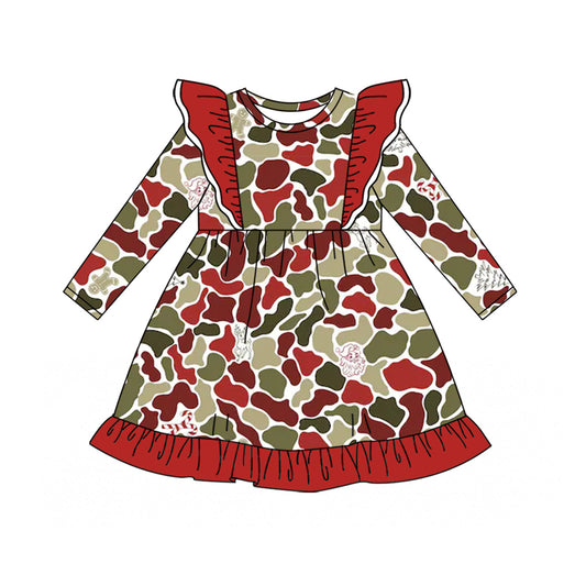 Preorder moq 5 Baby Girls Camo Santa Candy Cane Christmas Ruffle Knee Length Dresses