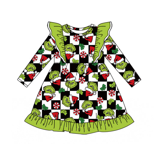 Preorder moq 5 Baby Girls Green Frogs Black Checked Christmas Ruffle Knee Length Dresses