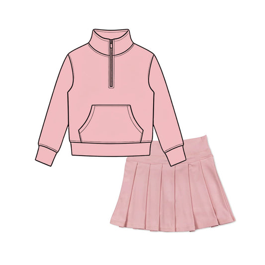 Preorder moq 5 Baby Girls Pink Zip Pocket Pullovers Pleated Skirt Short Yoga Active Clothes Sets