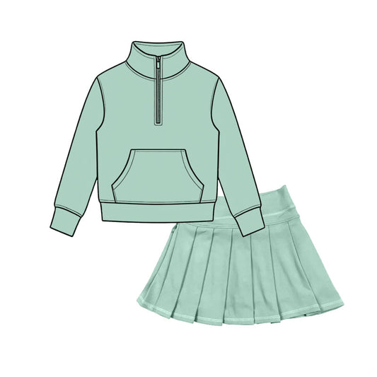 Preorder moq 5 Baby Girls Aqua Zip Pocket Pullovers Pleated Skirt Short Yoga Active Clothes Sets