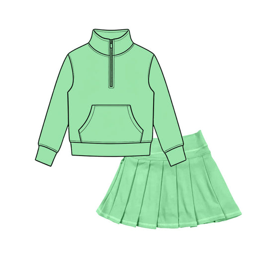 Preorder moq 5 Baby Girls Light Green Zip Pocket Pullovers Pleated Skirt Short Yoga Active Clothes Sets