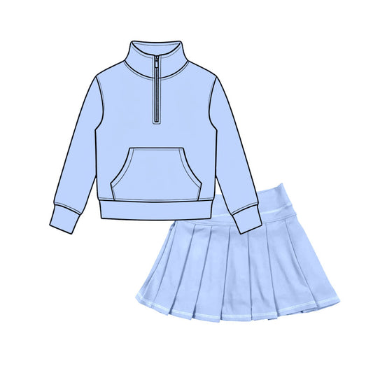 Preorder moq 5 Baby Girls Light Blue Zip Pocket Pullovers Pleated Skirt Short Yoga Active Clothes Sets