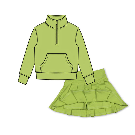 Preorder moq 5 Baby Girls Green Zip Pocket Pullovers Pleated Skirt Short Yoga Active Clothes Sets