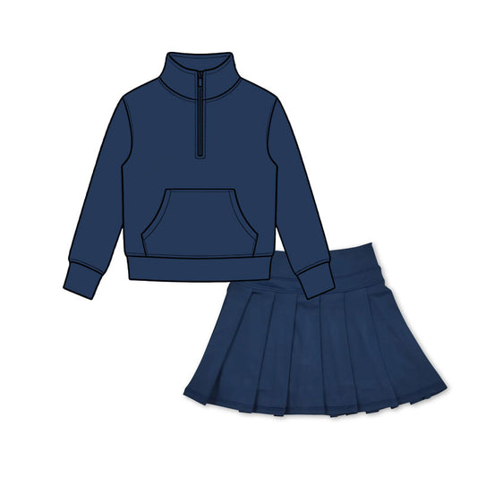 Preorder moq 5 Baby Girls Navy Zip Pocket Pullovers Pleated Skirt Short Yoga Active Clothes Sets