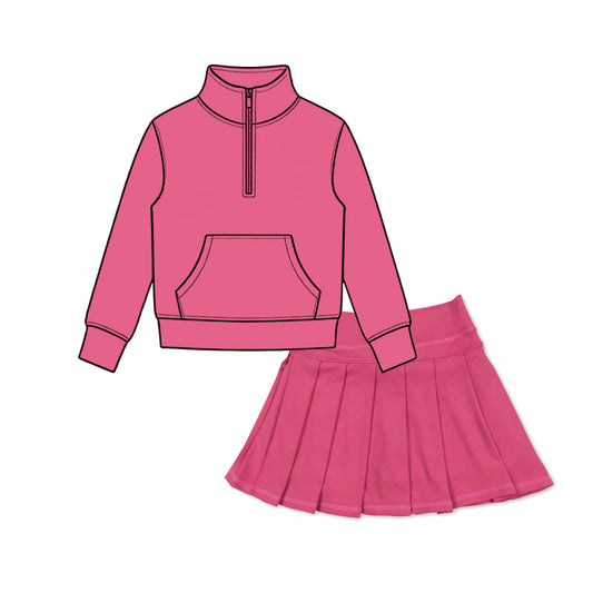 Preorder moq 5 Baby Girls Hot Pink Zip Pocket Pullovers Pleated Skirt Short Yoga Active Clothes Sets