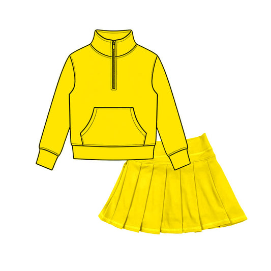 Preorder moq 5 Baby Girls Lemon Yellow Zip Pocket Pullovers Pleated Skirt Short Yoga Active Clothes Sets