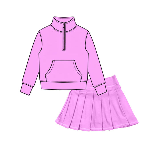 Preorder moq 5 Baby Girls Light magenta Zip Pocket Pullovers Pleated Skirt Short Yoga Active Clothes Sets