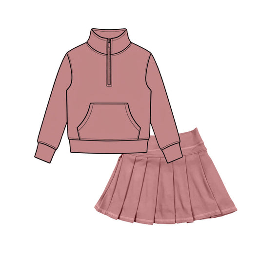 Preorder moq 5 Baby Girls Dusty pink Zip Pocket Pullovers Pleated Skirt Short Yoga Active Clothes Sets