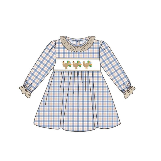 Preorder moq 5 Baby Girls Blue Checked Turkey Thanksgiving Knee Length Dress