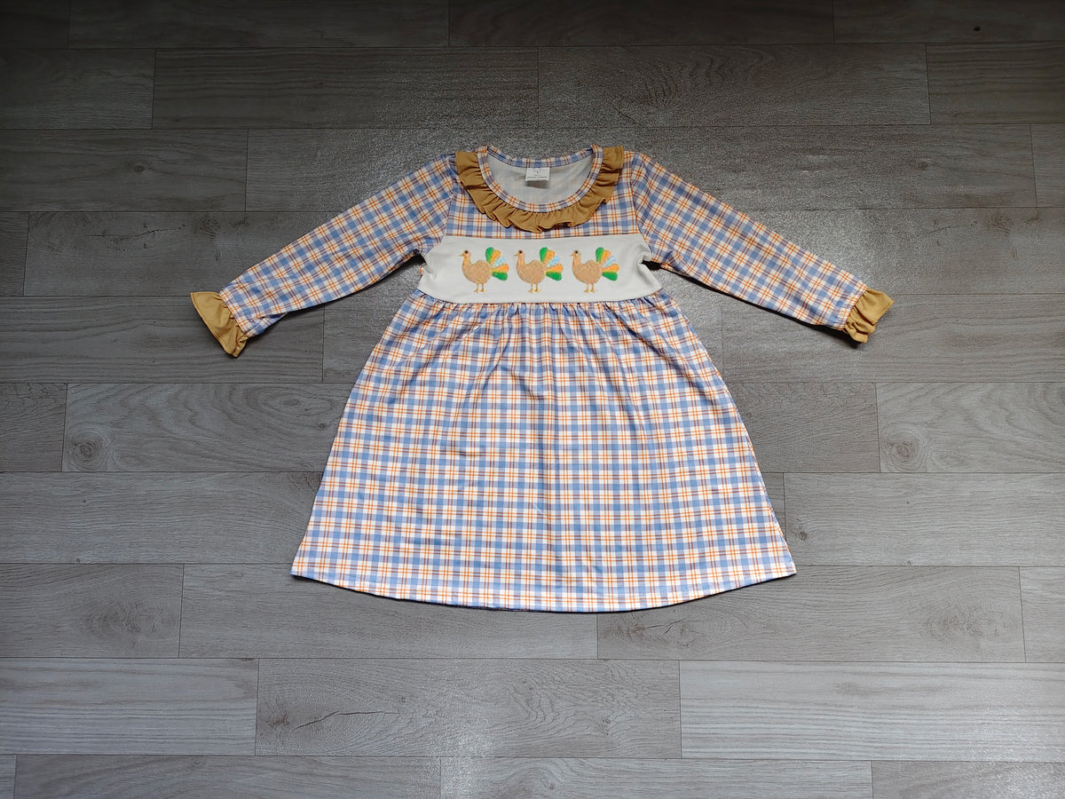 Embroidery Turkey Baby Girls Checked Thanksgiving Knee Length Dress Preorder