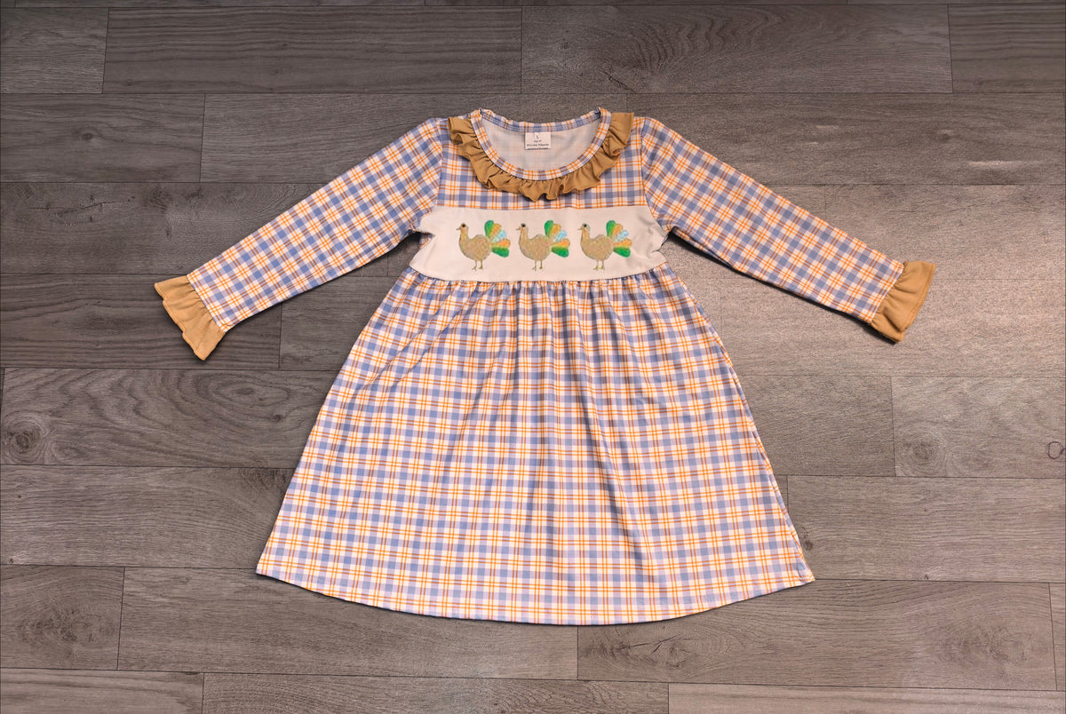 Embroidery Turkey Baby Girls Checked Thanksgiving Knee Length Dress Preorder