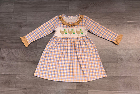 Embroidery Turkey Baby Girls Checked Thanksgiving Knee Length Dress Preorder