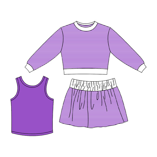 Preorder moq 5 Baby Girls Purple Three Pieces Yoga Active Skirt Shorts Clothes Set
