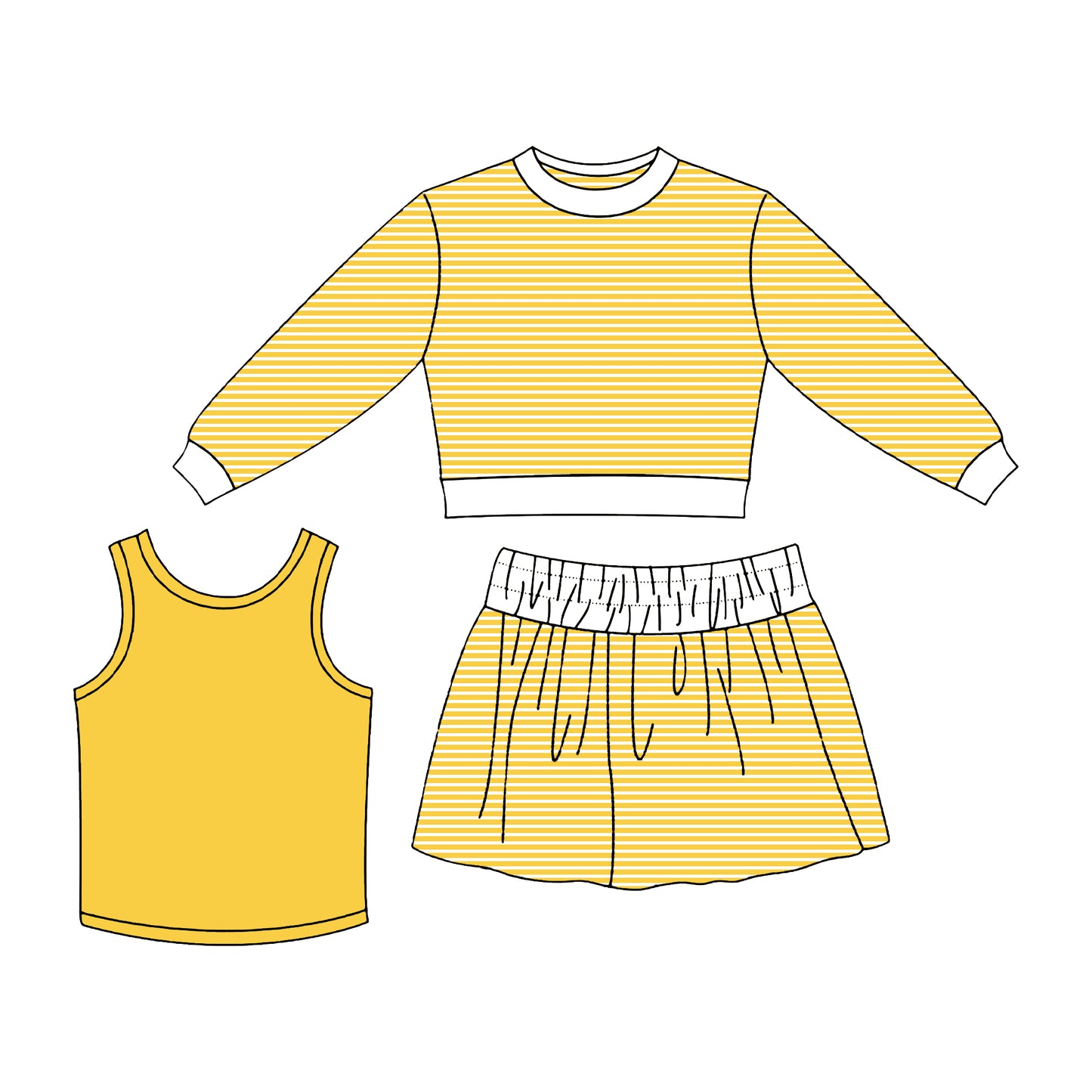 Preorder moq 5 Baby Girls Yellow Three Pieces Yoga Active Skirt Shorts Clothes Set