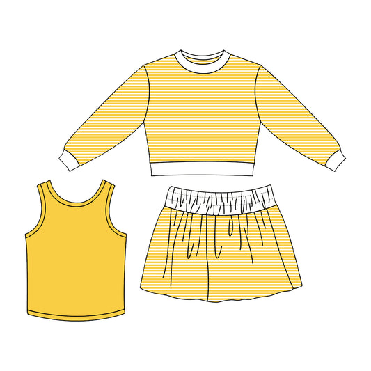 Preorder moq 5 Baby Girls Yellow Three Pieces Yoga Active Skirt Shorts Clothes Set