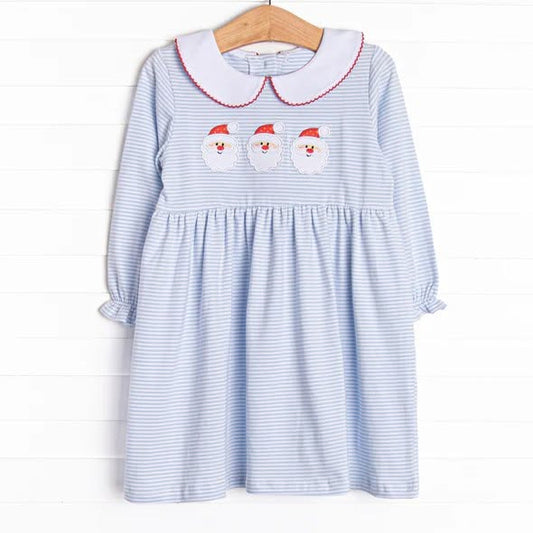 Preorder moq 5 Baby Girls Blue Stripe Santa Collar Christmas Knee Length Dress