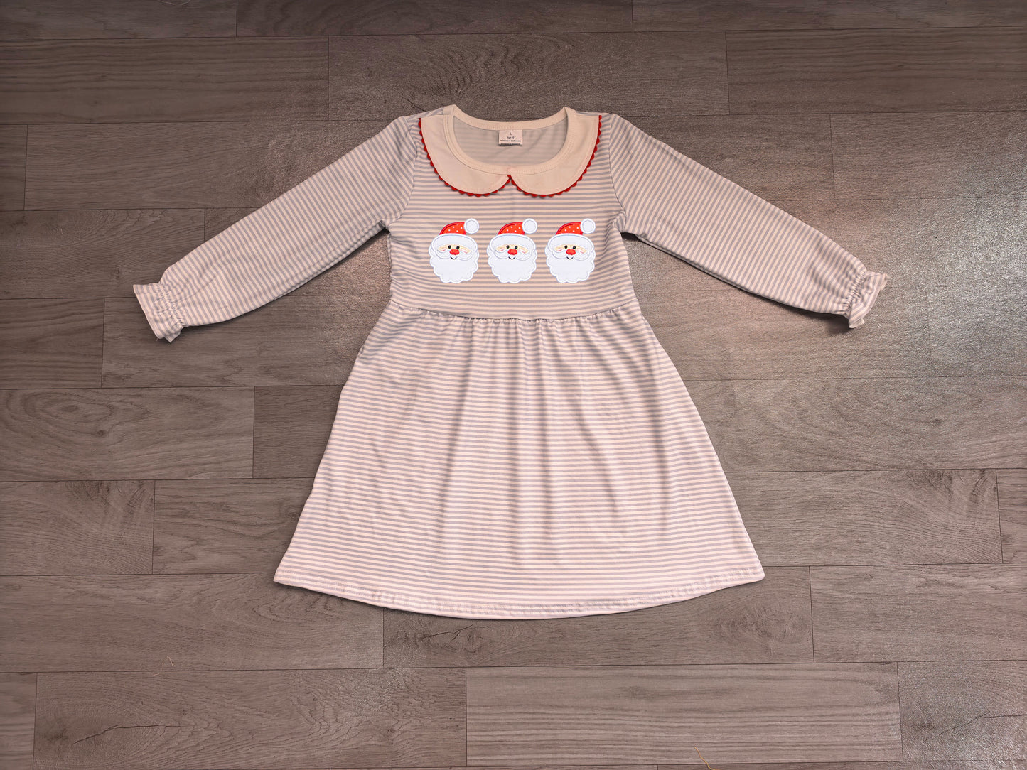 Embroidery Santa Baby Girls Blue Stripe Collar Christmas Knee Length Dress Preorder