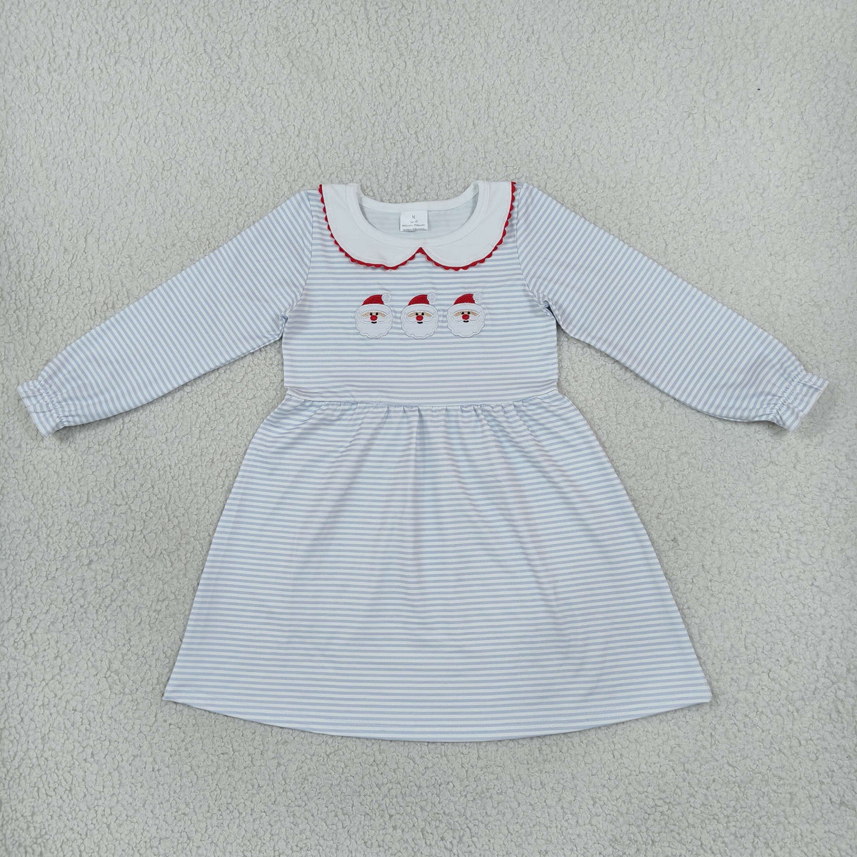 Sibling Baby Girls Embroidery Santa Blue Stripe Christmas Knee Length Dress Rompers