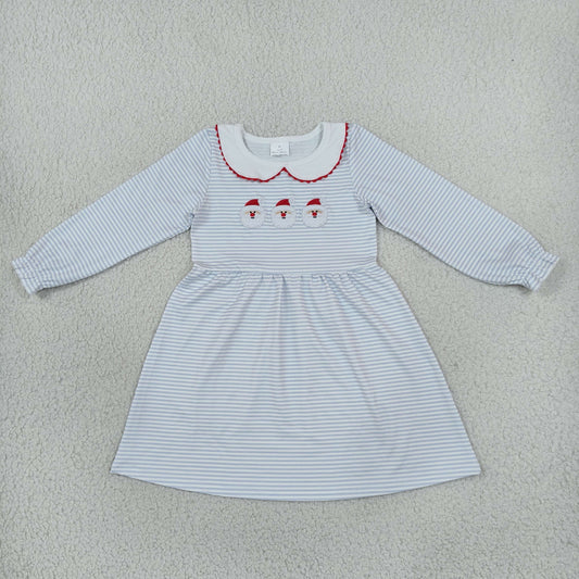 Sibling Baby Girls Embroidery Santa Blue Stripe Christmas Knee Length Dress Rompers