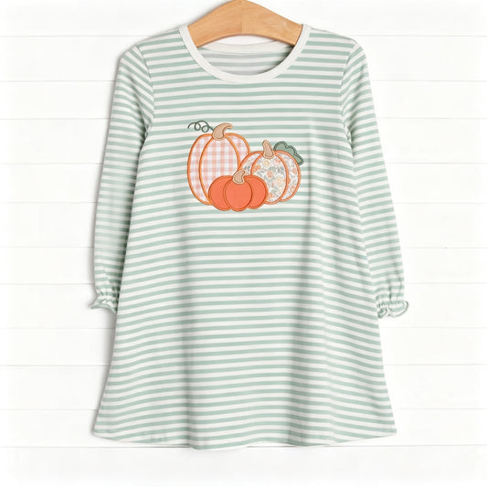 Preorder moq 5 Baby Girls Flowers Pumpkins Stripe Fall Pockets Knee Length Dress
