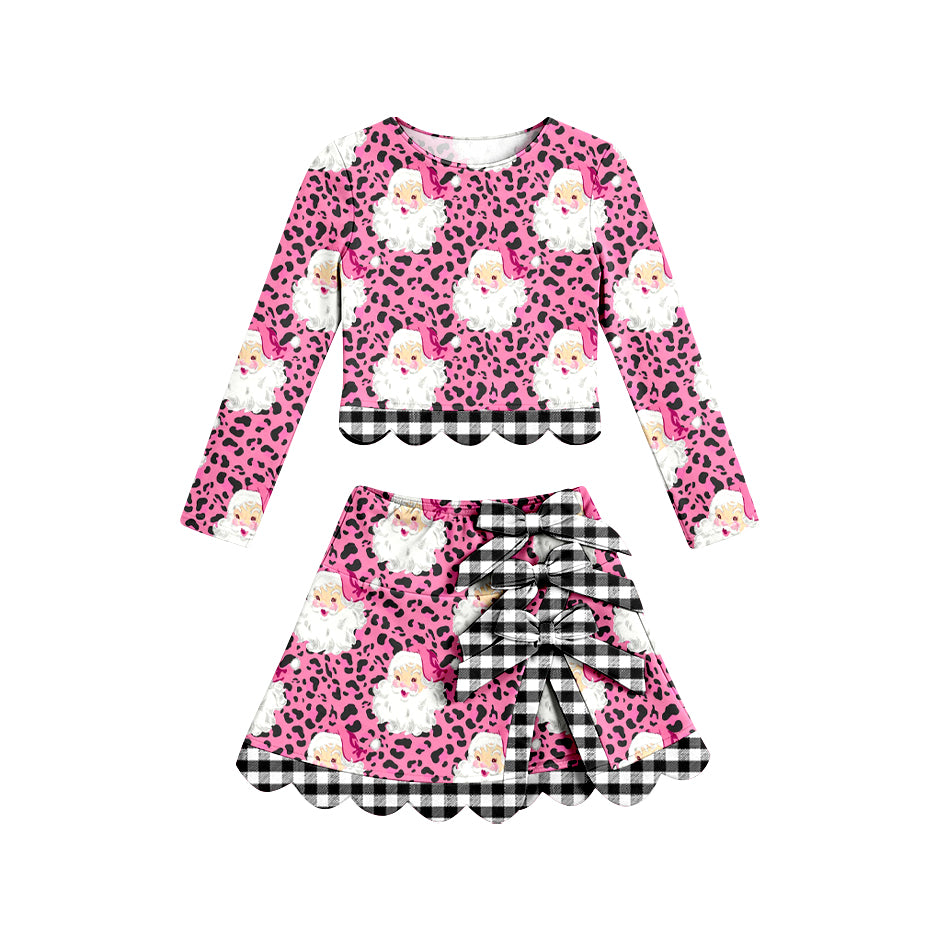 Preorder moq 5 Baby Girls Leopard Santa Top Skirt Short Christmas Yoga Active Scallop Clothes Set