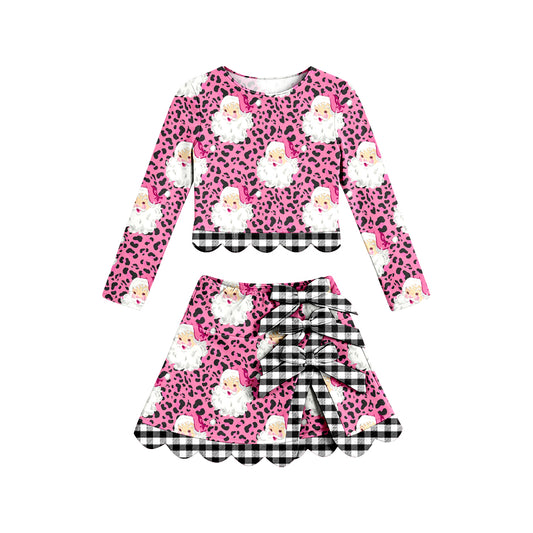 Preorder moq 5 Baby Girls Leopard Santa Top Bows Skirt Short Christmas Yoga Active Scallop Clothes Set