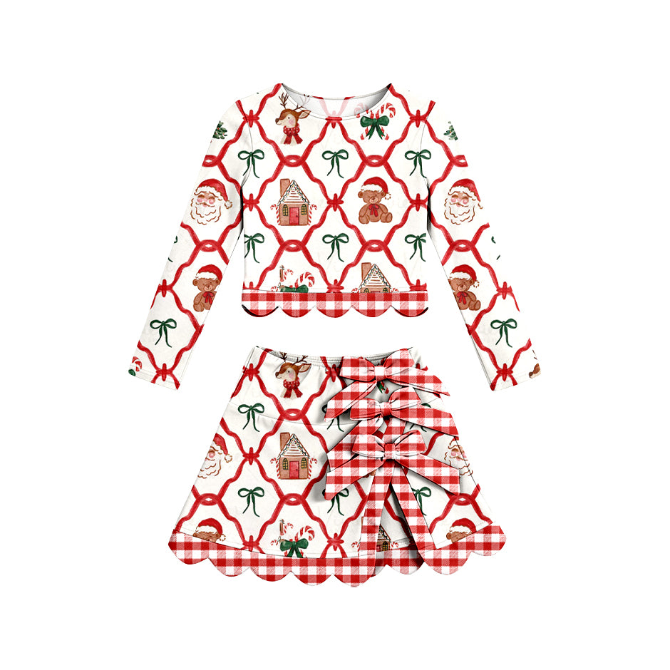 Preorder moq 5 Baby Girls Gingerbread Bows Top Skirt Short Christmas Yoga Active Scallop Clothes Set