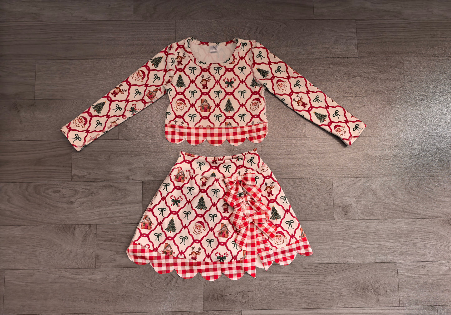 Baby Girls Gingerbread Bows Top Bows Skirt Short Christmas Yoga Active Scallop Clothes Set Preorder