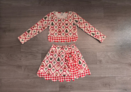 Baby Girls Gingerbread Bows Top Bows Skirt Short Christmas Yoga Active Scallop Clothes Set Preorder