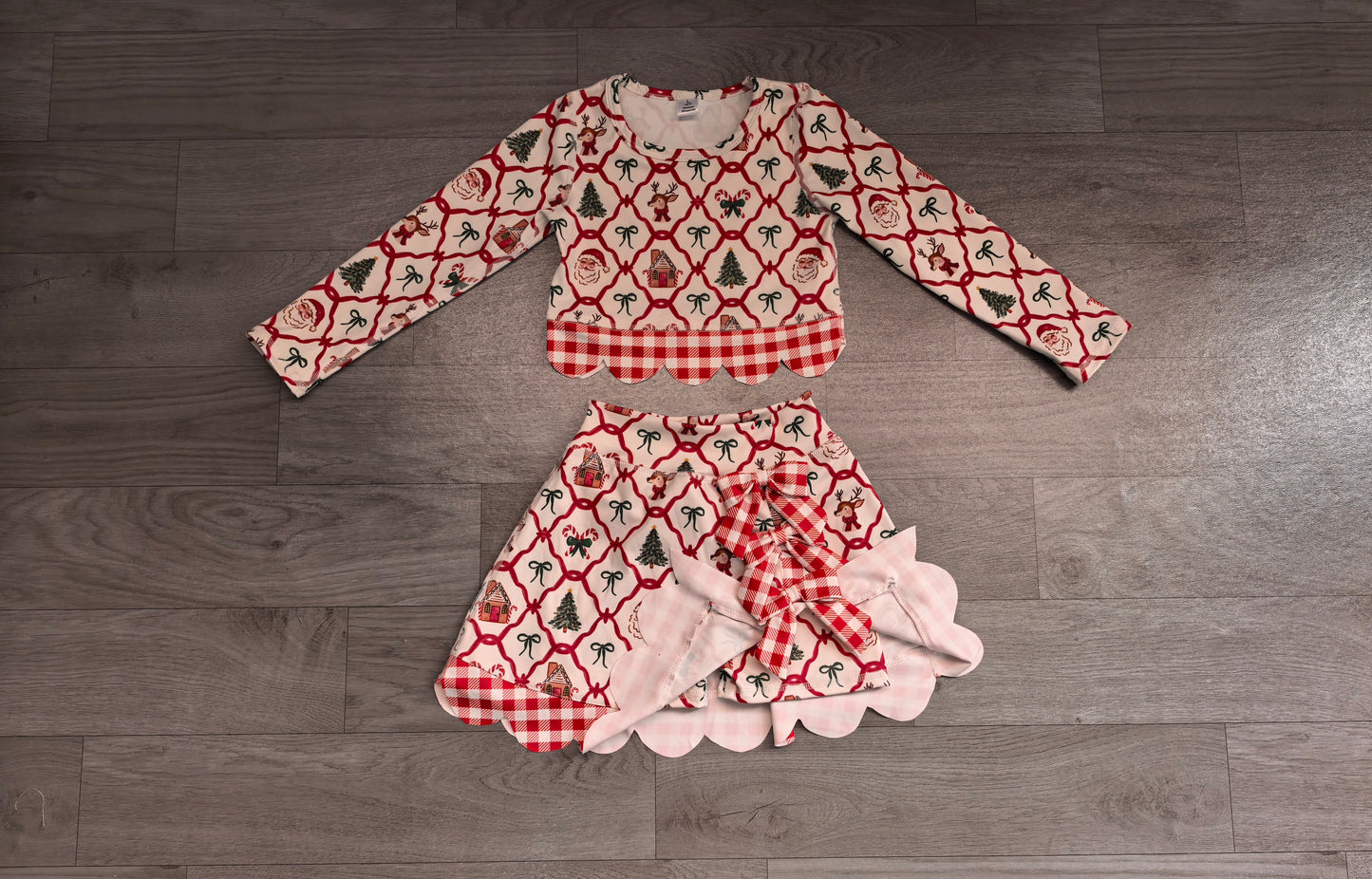 Baby Girls Gingerbread Bows Top Bows Skirt Short Christmas Yoga Active Scallop Clothes Set Preorder