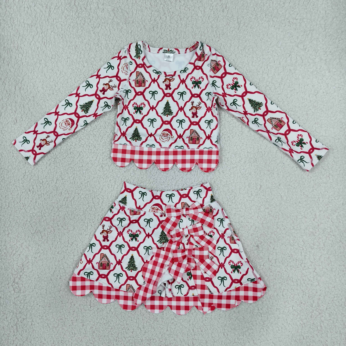 Sibling Baby Girls Long Sleeve Santa Bows Castles Top Skirt Short Scallop Clothes Sets