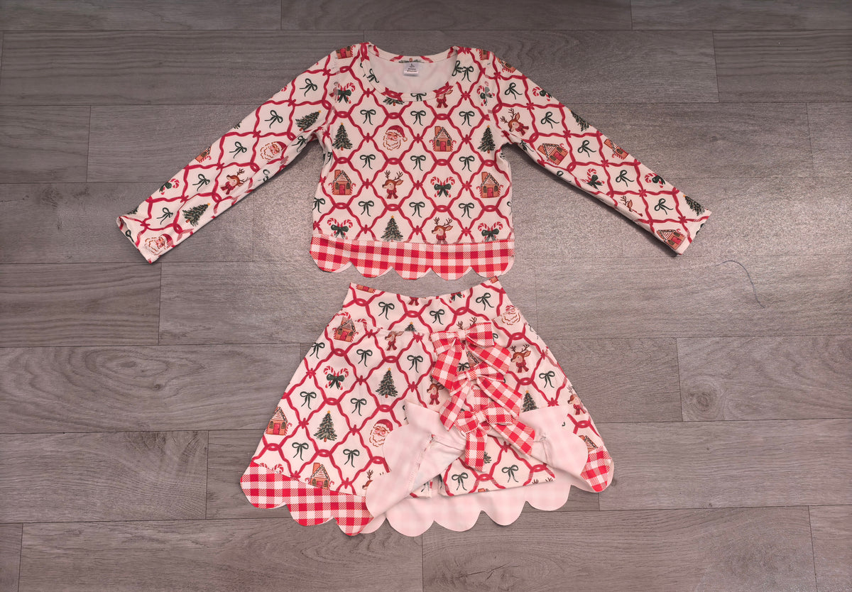 Baby Girls Gingerbread Bows Top Bows Skirt Short Christmas Yoga Active Scallop Clothes Set Preorder