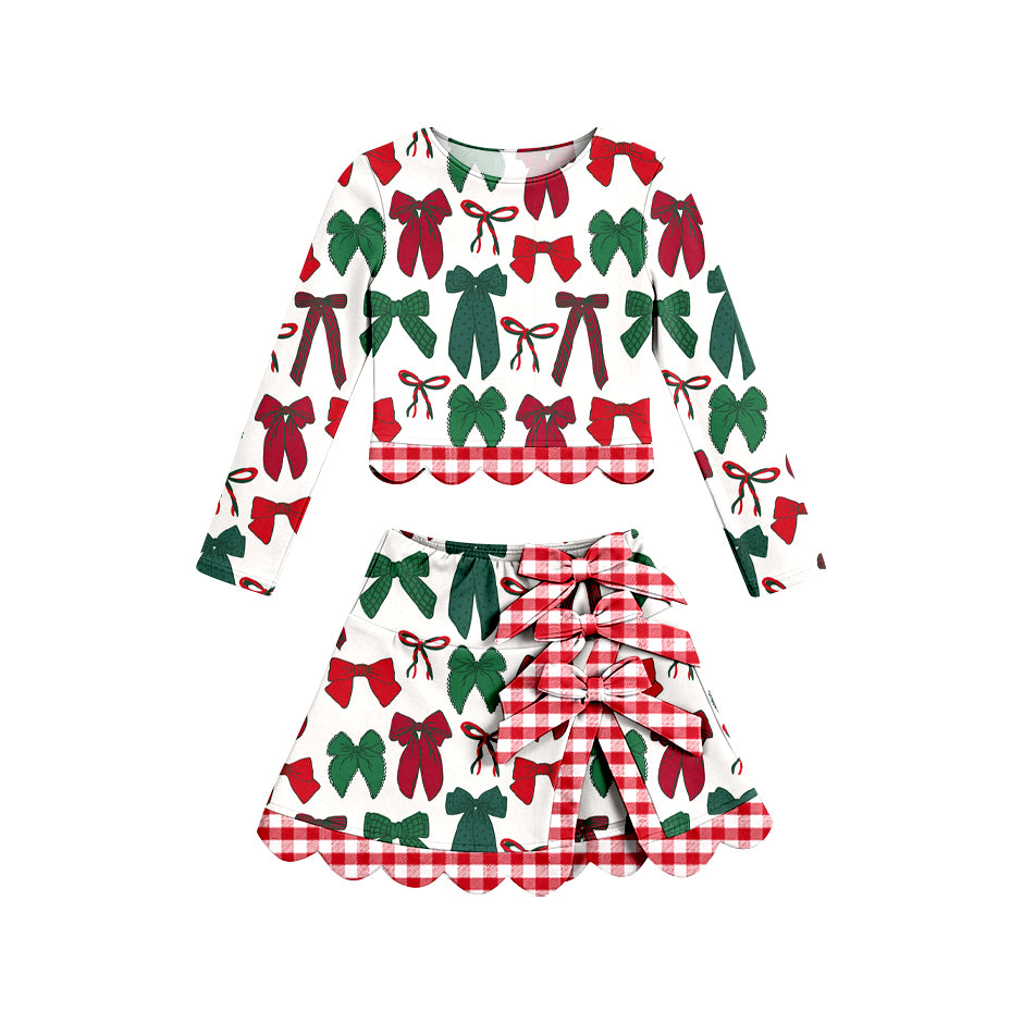 Preorder moq 5 Baby Girls Green Red Bows Top Skirt Short Christmas Yoga Active Scallop Clothes Set
