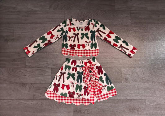 Baby Girls Green Red Bows Top Bows Skirt Short Christmas Yoga Active Scallop Clothes Set Preorder