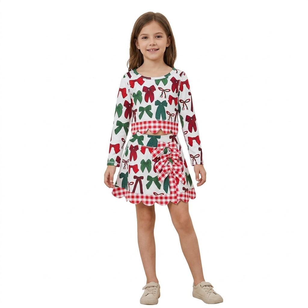 Baby Girls Green Red Bows Top Bows Skirt Short Christmas Yoga Active Scallop Clothes Set