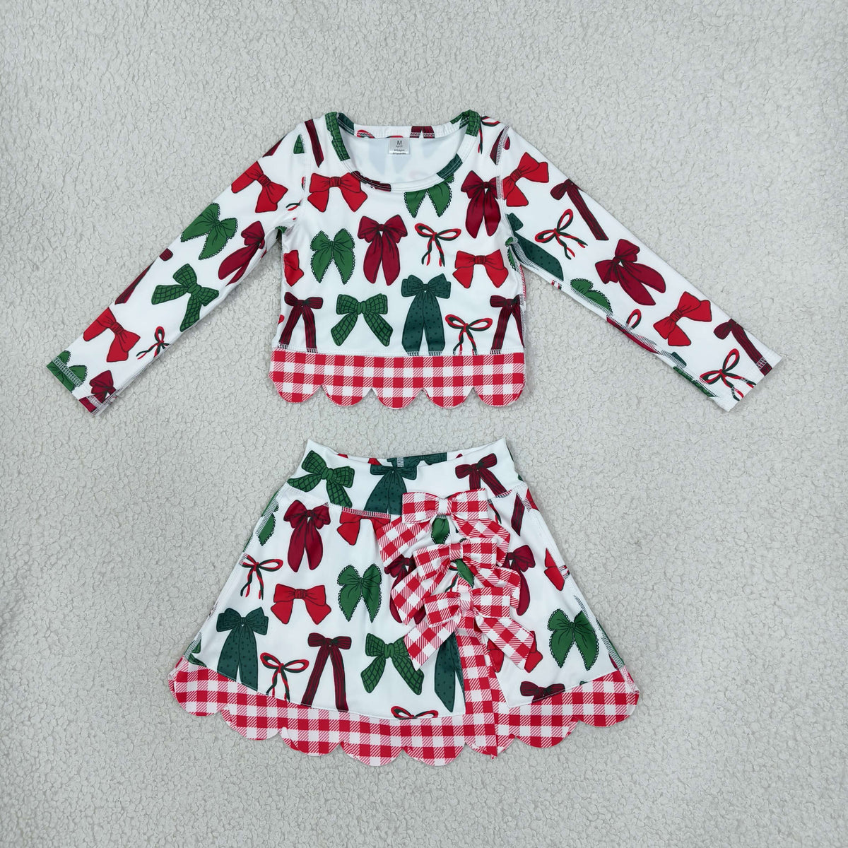 Baby Girls Green Red Bows Top Bows Skirt Short Christmas Yoga Active Scallop Clothes Set