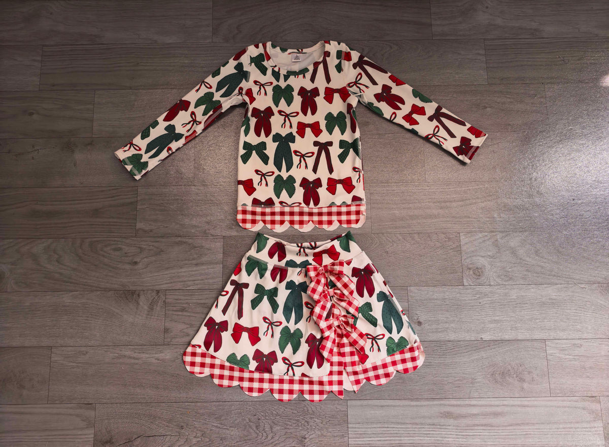 Baby Girls Green Red Bows Top Bows Skirt Short Christmas Yoga Active Scallop Clothes Set Preorder