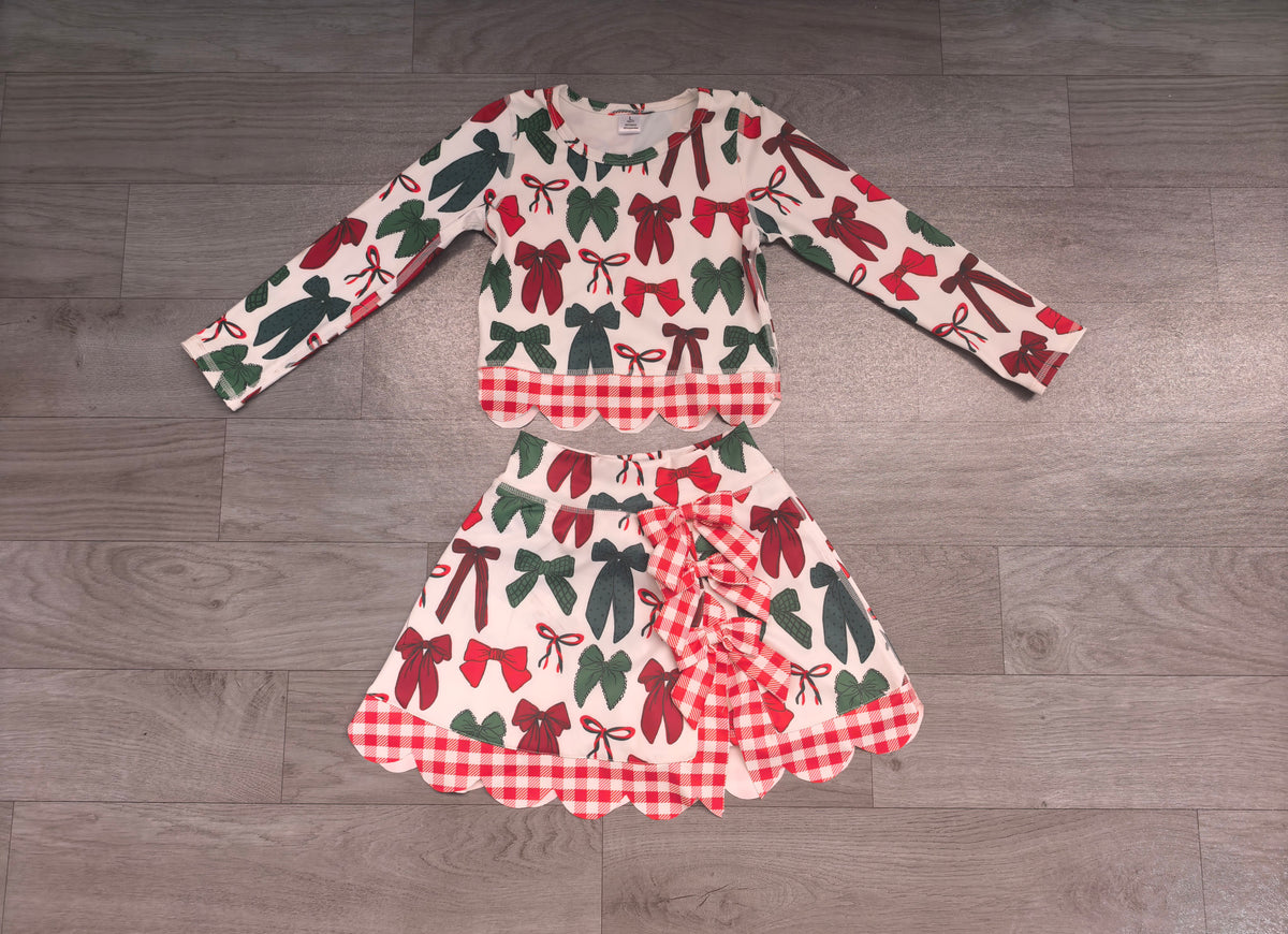 Baby Girls Green Red Bows Top Bows Skirt Short Christmas Yoga Active Scallop Clothes Set Preorder
