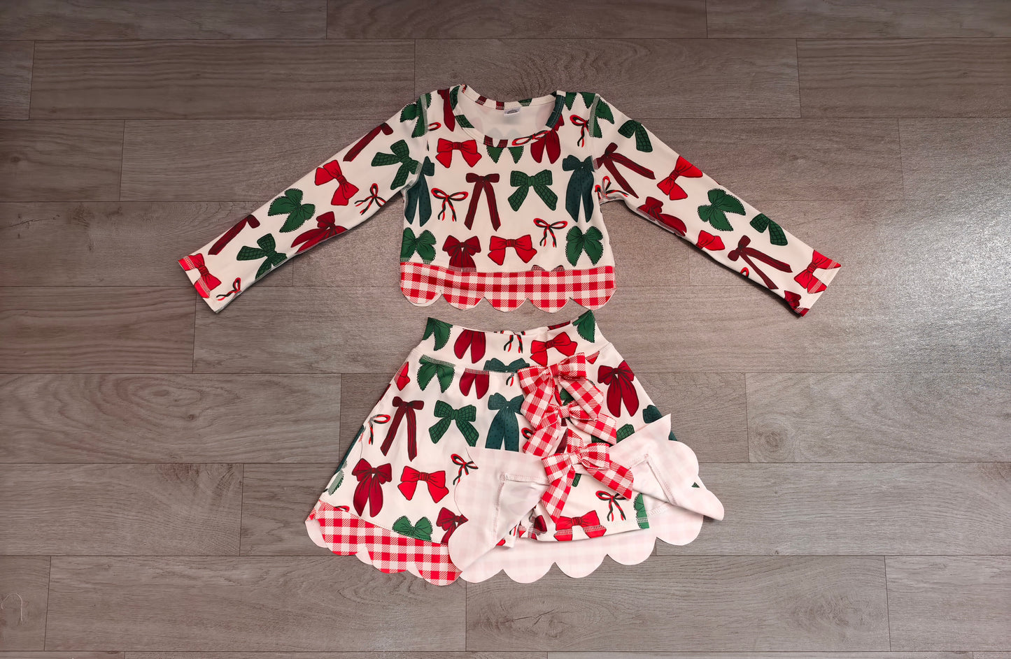 Baby Girls Green Red Bows Top Bows Skirt Short Christmas Yoga Active Scallop Clothes Set Preorder