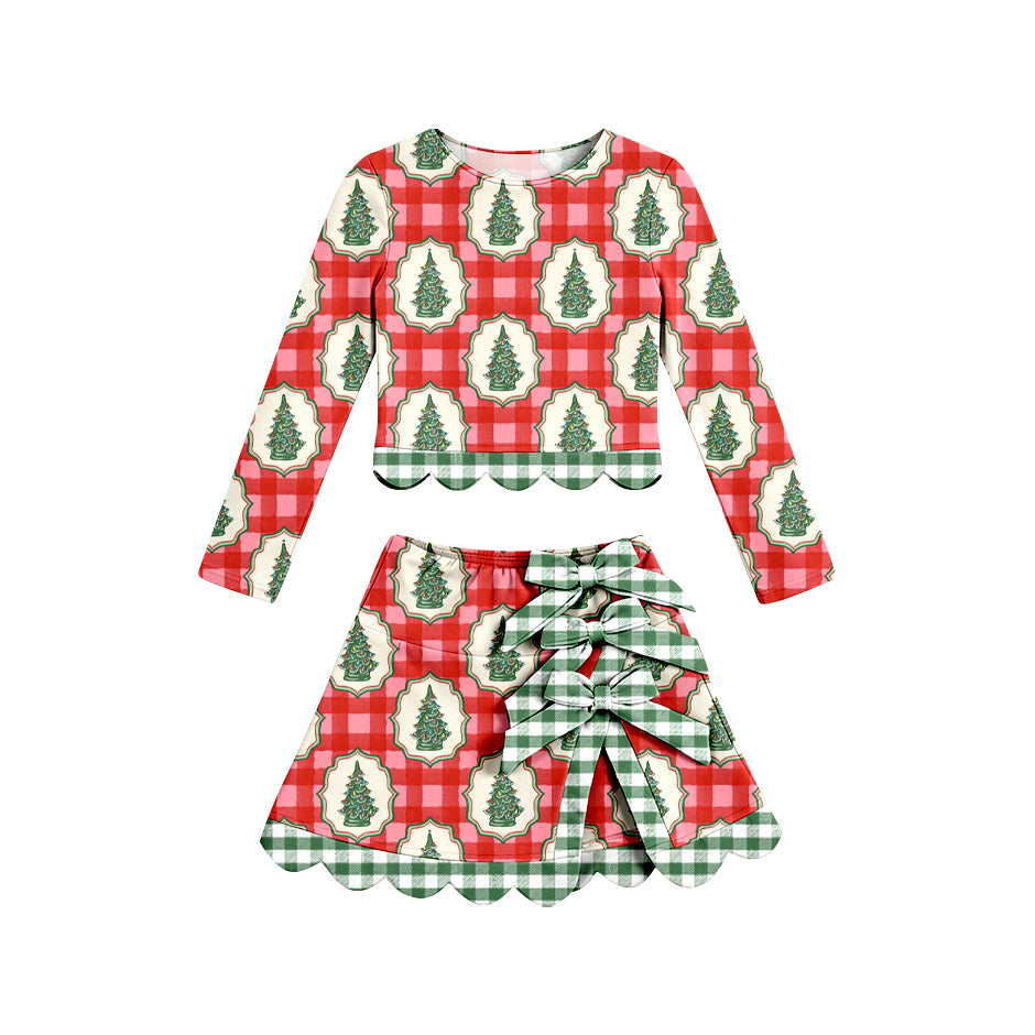 Preorder moq 5 Baby Girls Red Checked Trees Top Skirt Short Christmas Yoga Active Scallop Clothes Set