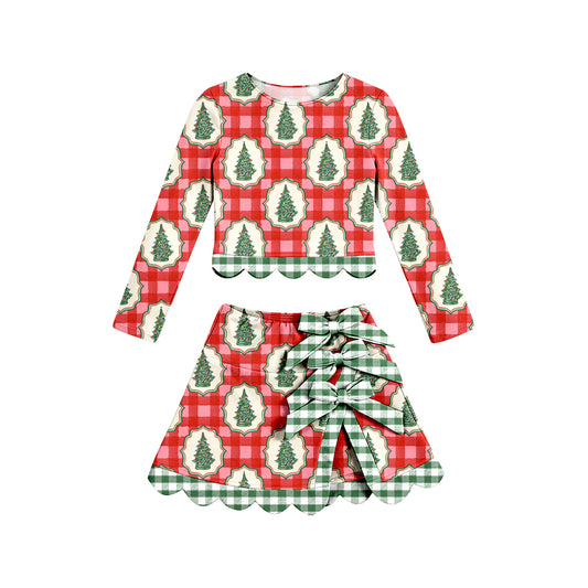 Preorder moq 5 Baby Girls Red Checked Trees Top Bows Skirt Short Christmas Yoga Active Scallop Clothes Set