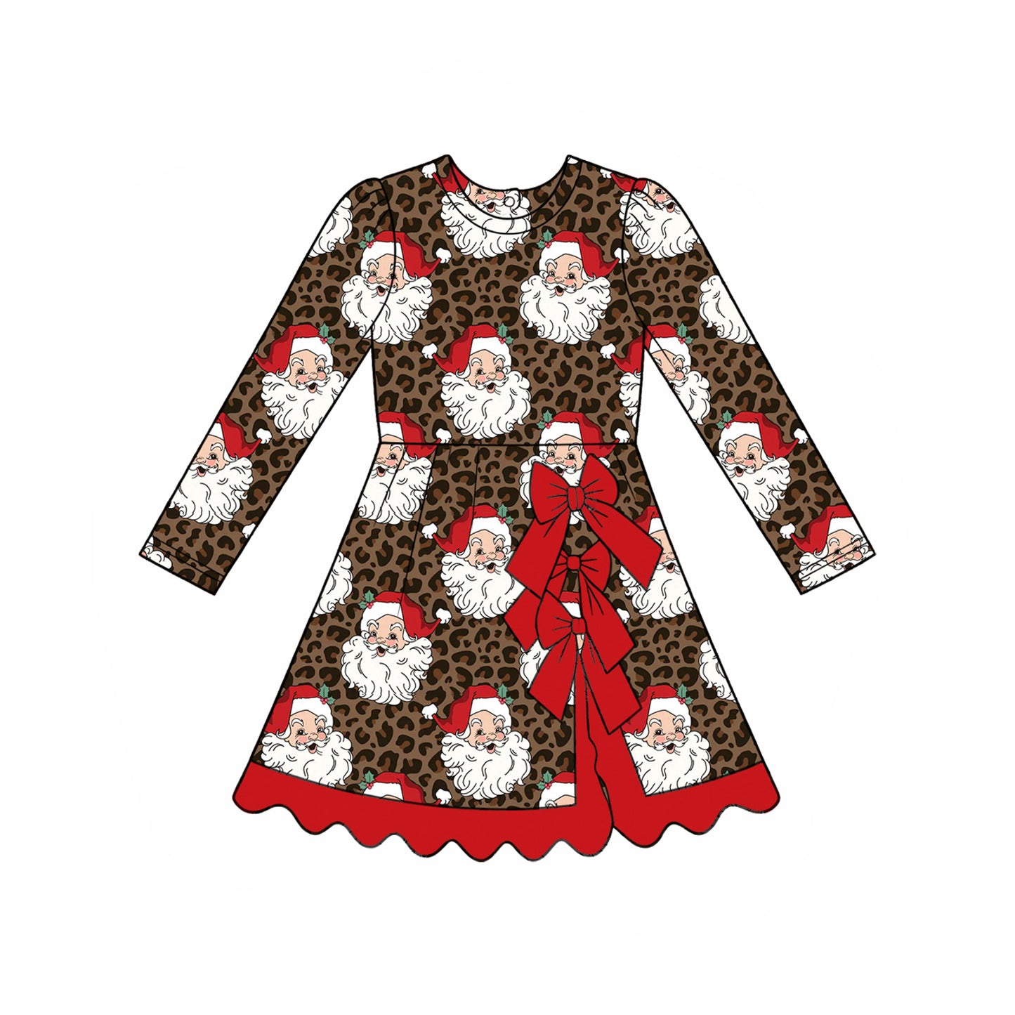Preorder moq 5 Baby Girls Leopard Santa Scallop Short Christmas Yoga Active Knee Length Dress