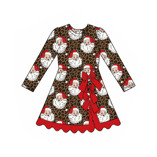 Preorder moq 5 Baby Girls Leopard Santa Short Christmas Bows Scallop Yoga Active Knee Length Dress