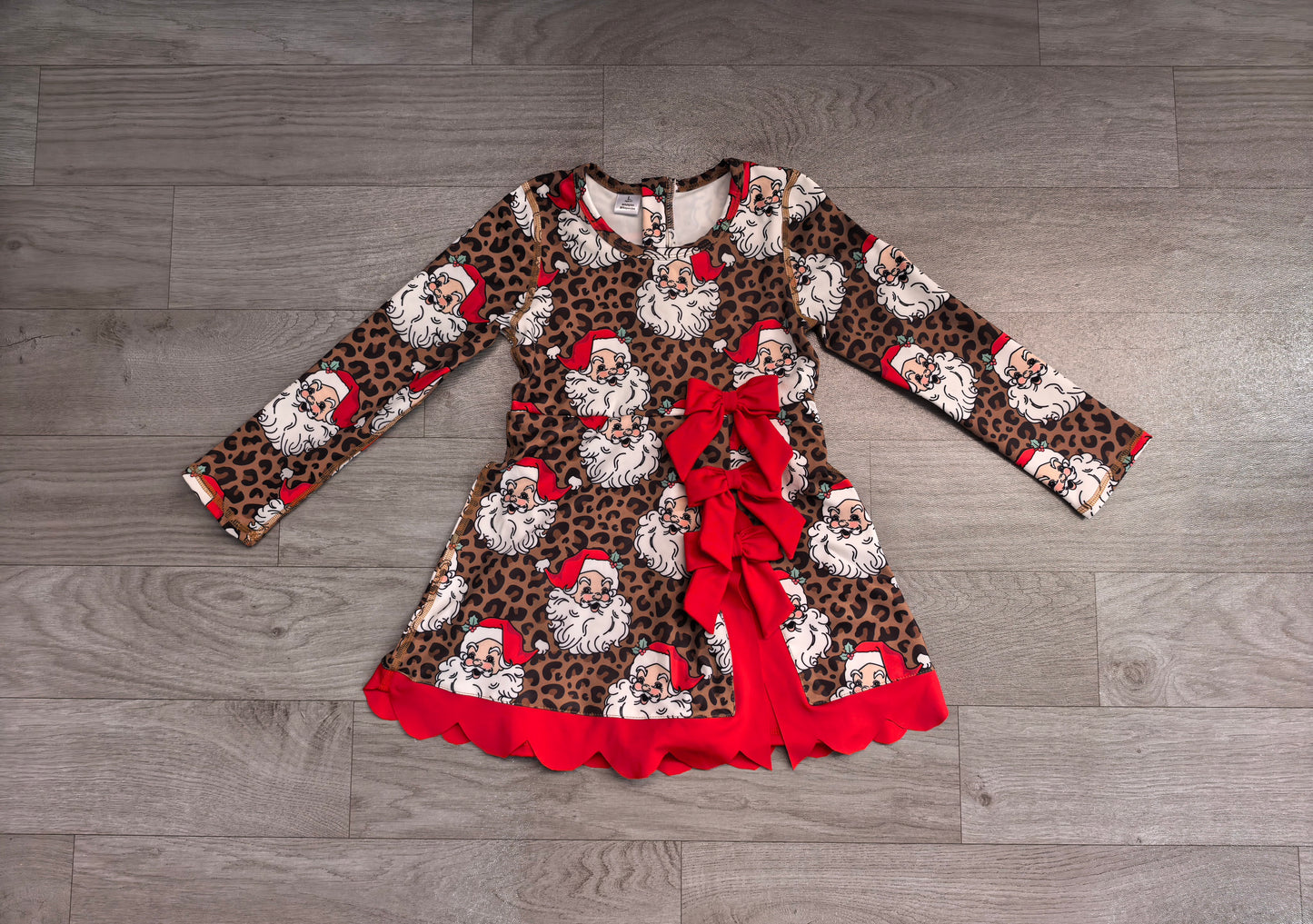 Baby Girls Leopard Santa Short Christmas Bows Scallop Yoga Active Knee Length Dress Preorder
