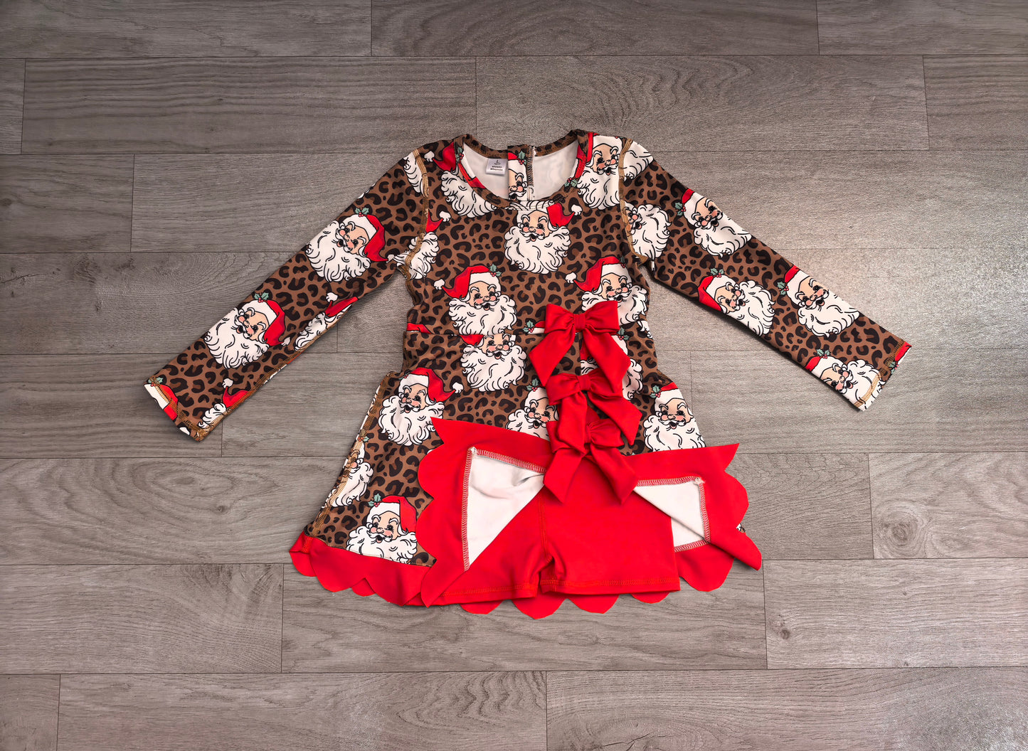 Baby Girls Leopard Santa Short Christmas Bows Scallop Yoga Active Knee Length Dress Preorder
