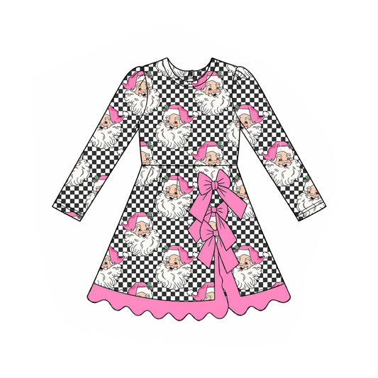 Preorder moq 5 Baby Girls Black Checked Santa Short Christmas Bows Scallop Yoga Active Knee Length Dress