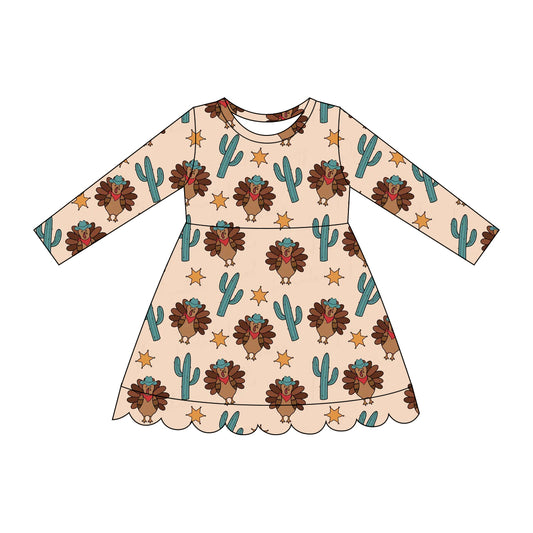 Preorder moq 5 Baby Girls Cactus Turkey Thanksgivings Scallop Knee Length Dress