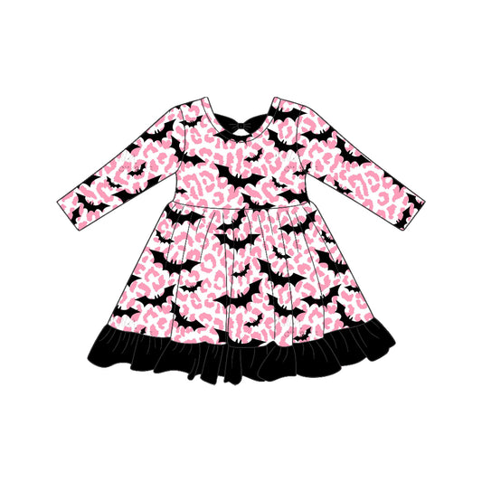 Preorder moq 5 Baby Girls Leopard Bats Halloween Ruffle Knee Length Dress