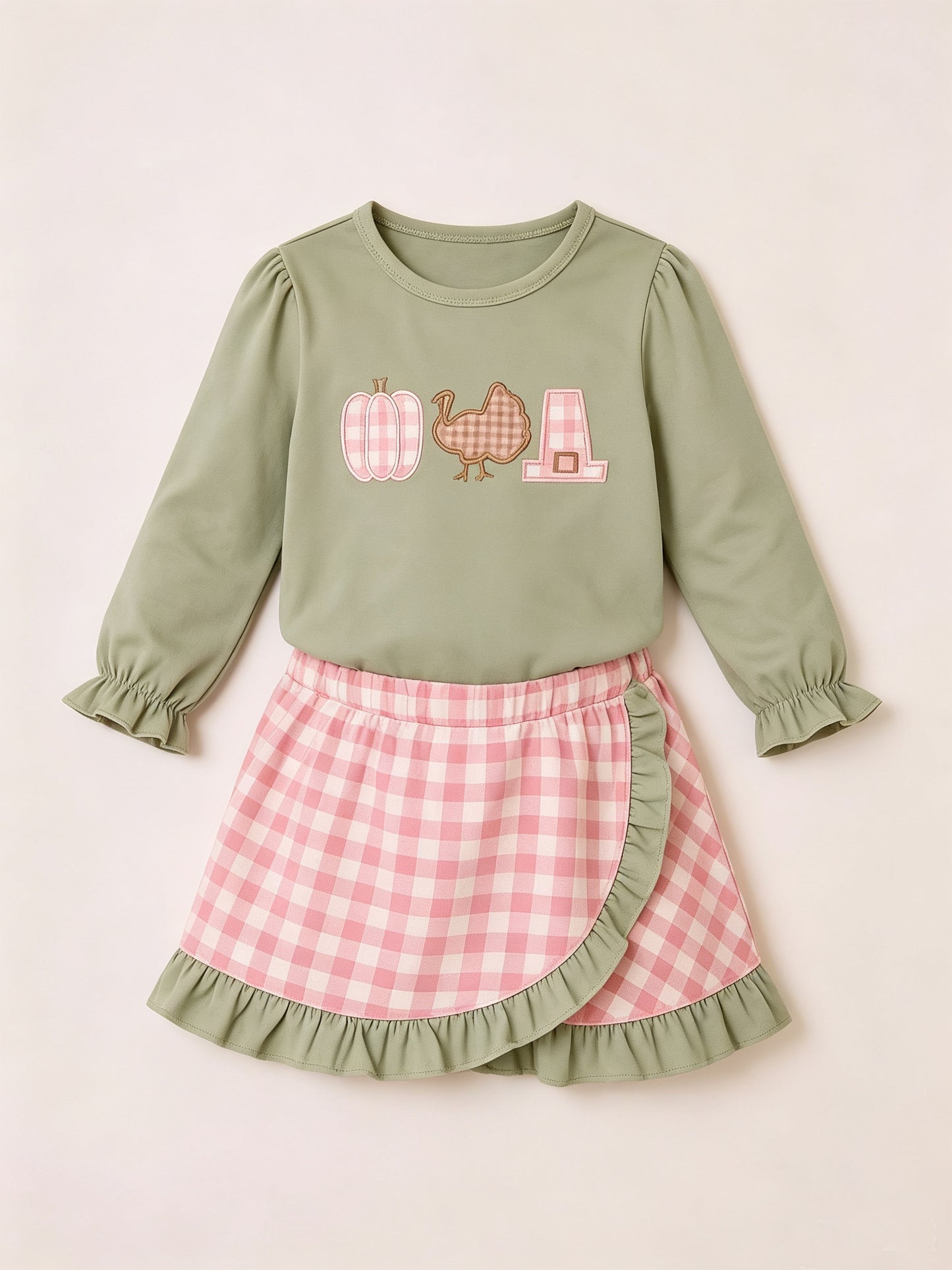 Preorder moq 5 Baby Girls Turkey Pumpkins Top Checked Skirt Short Thanksgivings Set