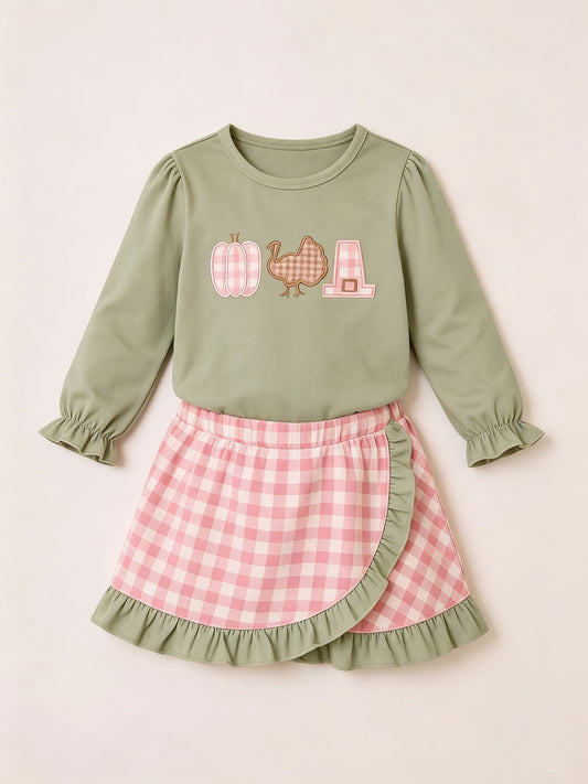 Preorder moq 5 Baby Girls Turkey Pumpkins Top Checked Skirt Short Thanksgivings Set